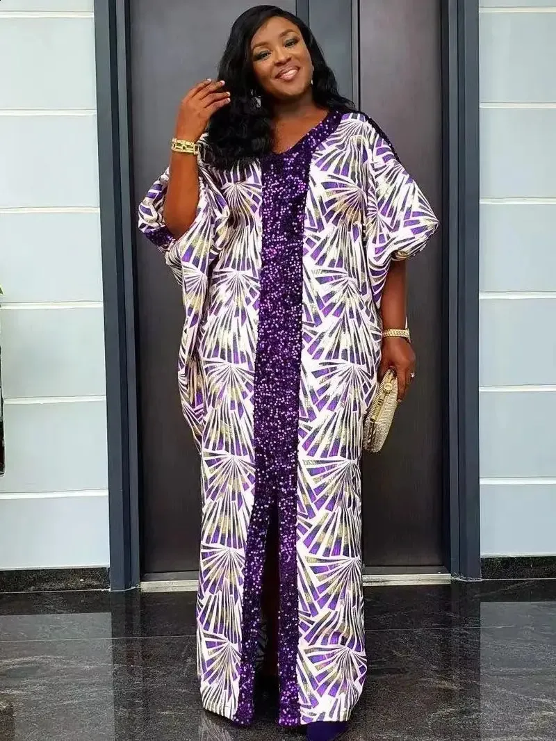 Plus Size African Dashiki Ankara Sequin Purple Maxi Dress Kaftan for Women - Perfect for Muslim Wedding Party - 241021