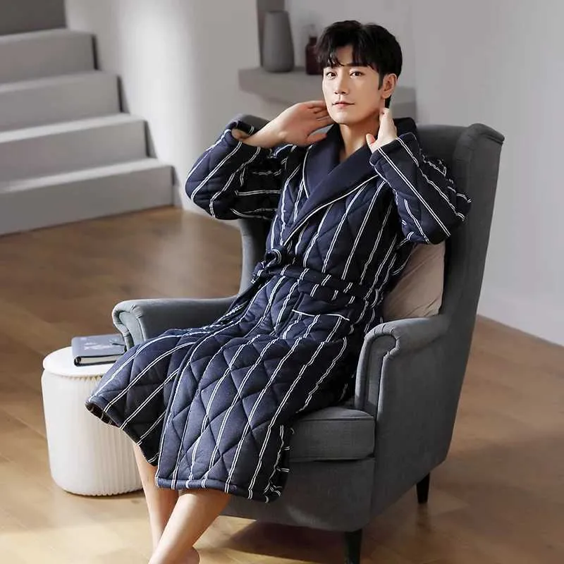 Winter Striped Kimono Bathrobe for Men - Thick 3-Layer Soft Cotton Quilted Striped Robe with Dressing Gown for Warmth and Style (Striped RobeXJ241018)