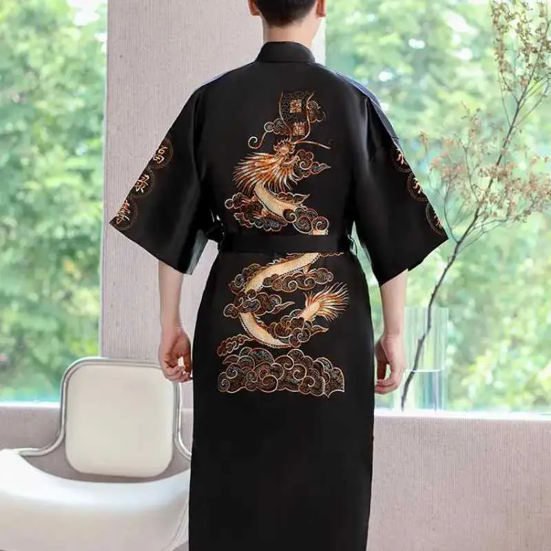 Japanese Robes Men Black Satin Dragon Embroidery... From Love_dream ...