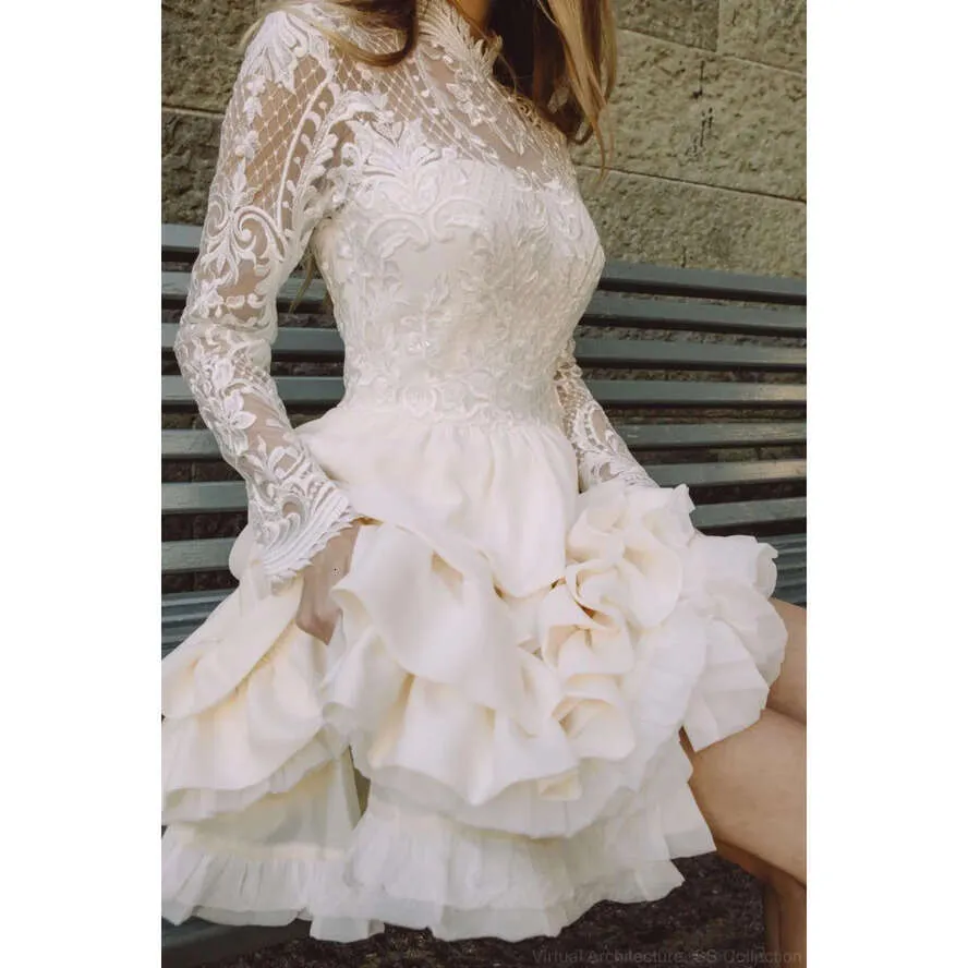 Chic Short Wedding Dresses: A Line Tiered Mini Bridal Gown With Lace Top,  Illusion Long Sleeves And High Neck For Summer Beach Weddings From  Missdressprom, $104.47 | DHgate.Com