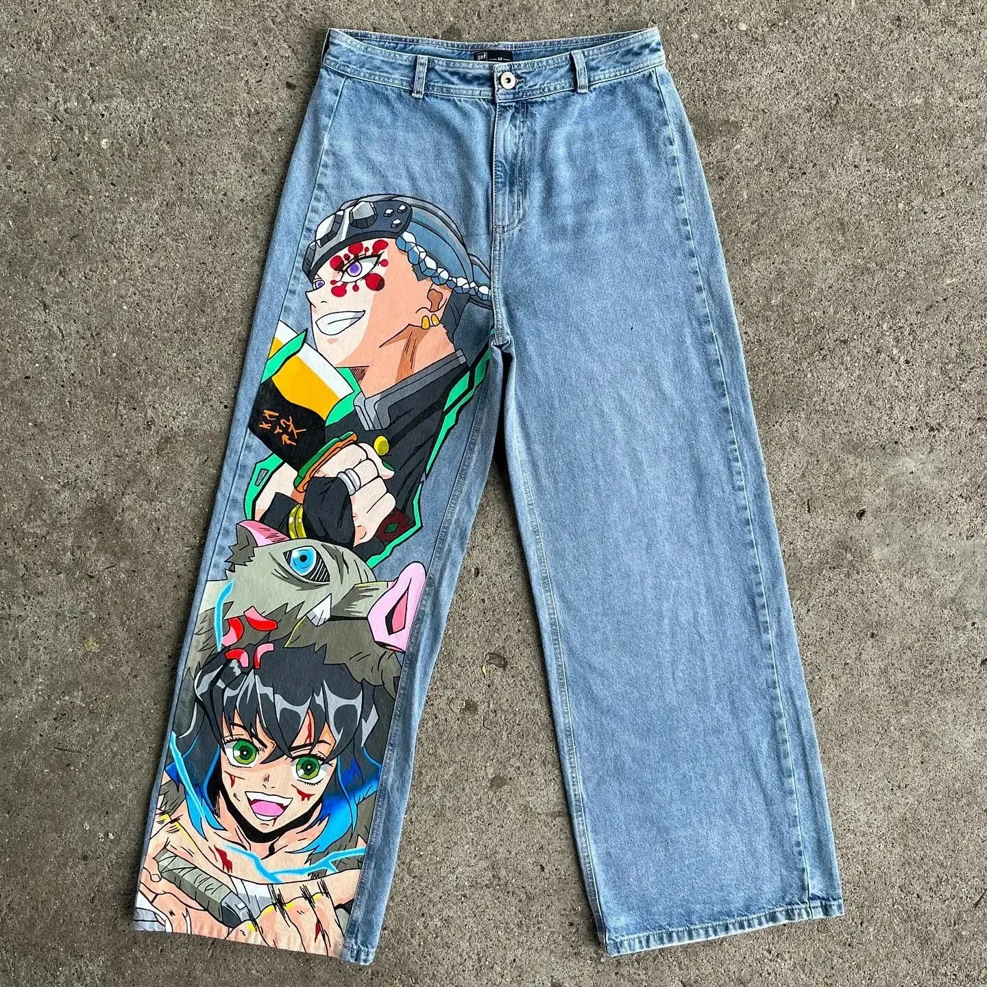 Harajuku Anime Character Printed Wide Leg Anime Jeans For Men And 