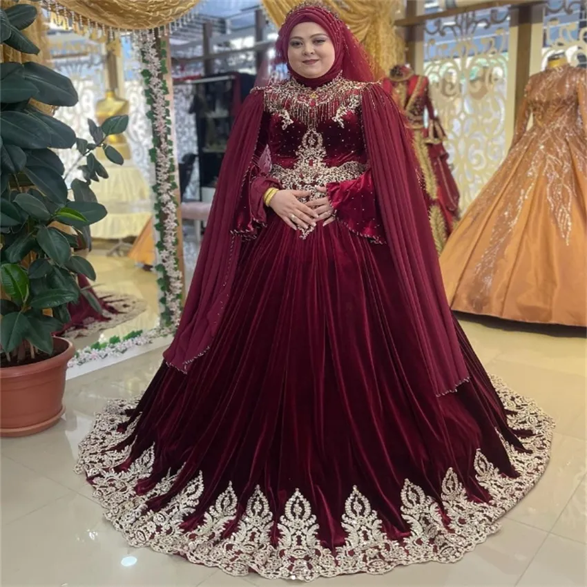 Save Big on Bulk Muslim Wedding Dresses Burgundy Elegant Velvet A Line  Bridal Gown: Burgundy Wedding Dress With Appliqued Details, Perfect For  Islamic