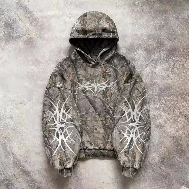 Yumenam herenhoodie met haaienkop, camouflage 3D-geprint sweatshirt met volledige ritssluiting, camouflage casual streetwear jas voor mannen en tieners, Groen, M