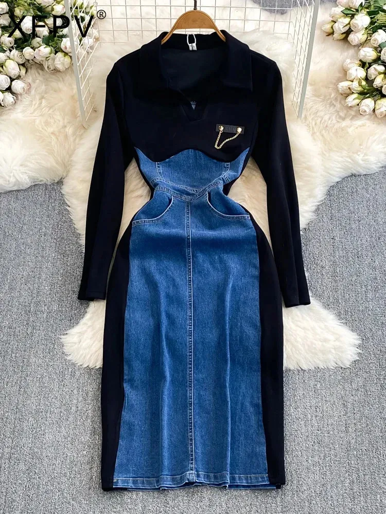 blue contrast color dress Women Clothing V Collar Contrast Color Satin Dress Stitching A Line Large Hem Short Dress