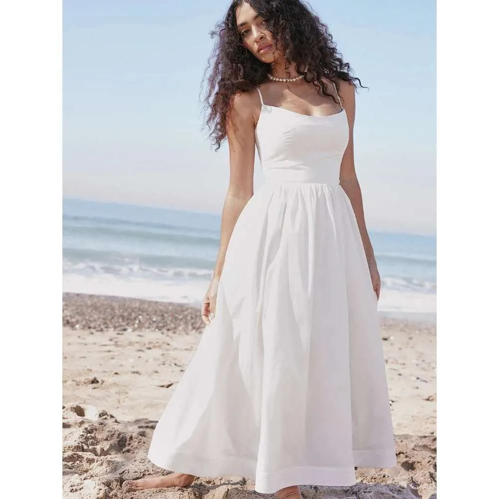 Elegant White Midi Summer Dress - Spaghetti Strap