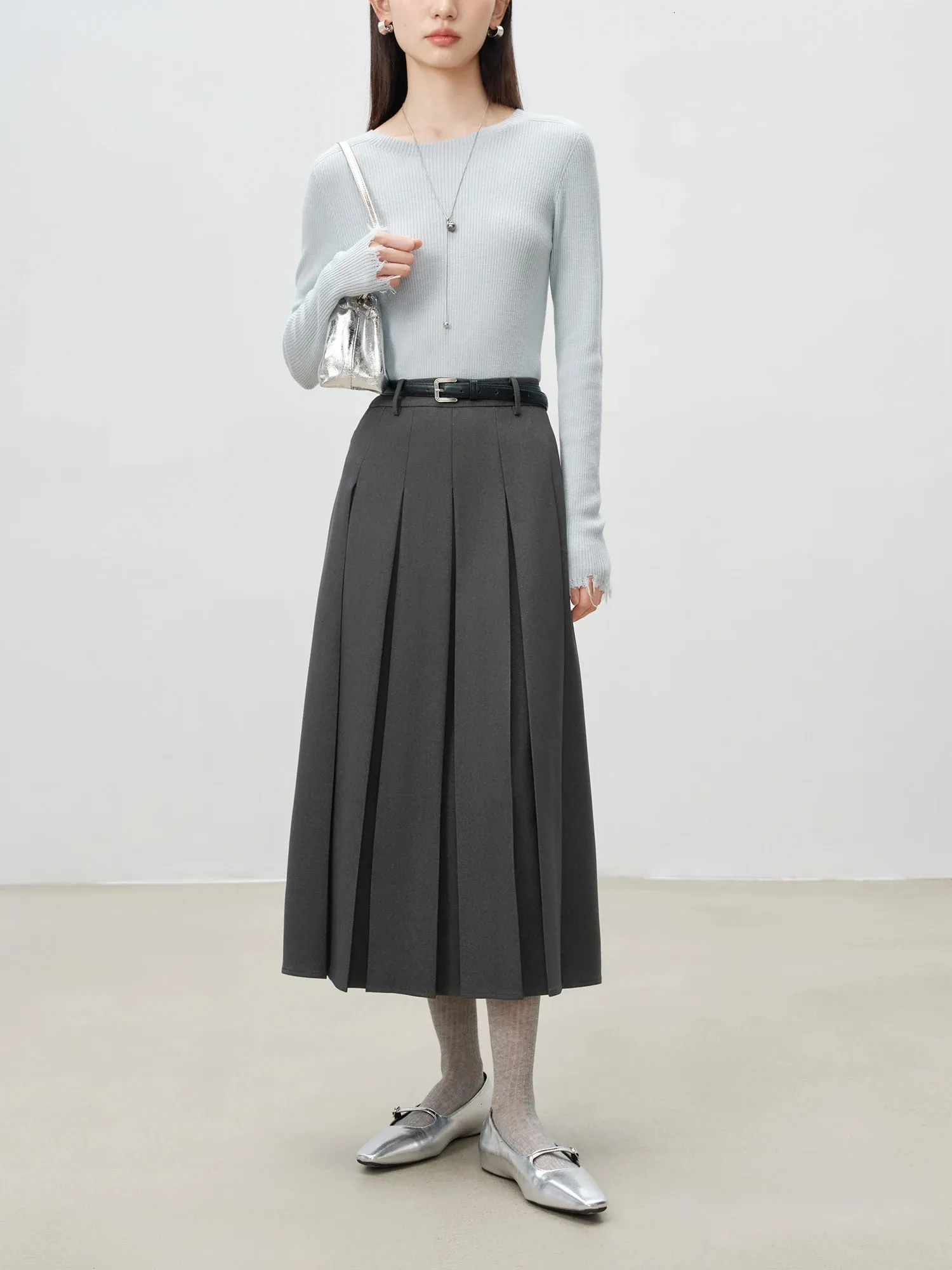 Long Skirt Grey Pleated Skirt 30 ZIQIAO Women Long Skirts College