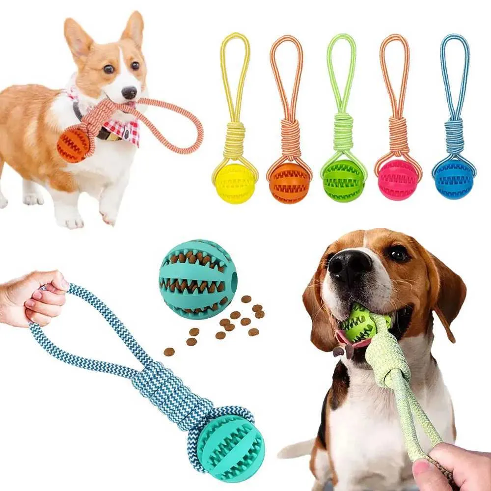 Interactive Dog Chew Toy Ball with Rope Durable Rubber Treat
