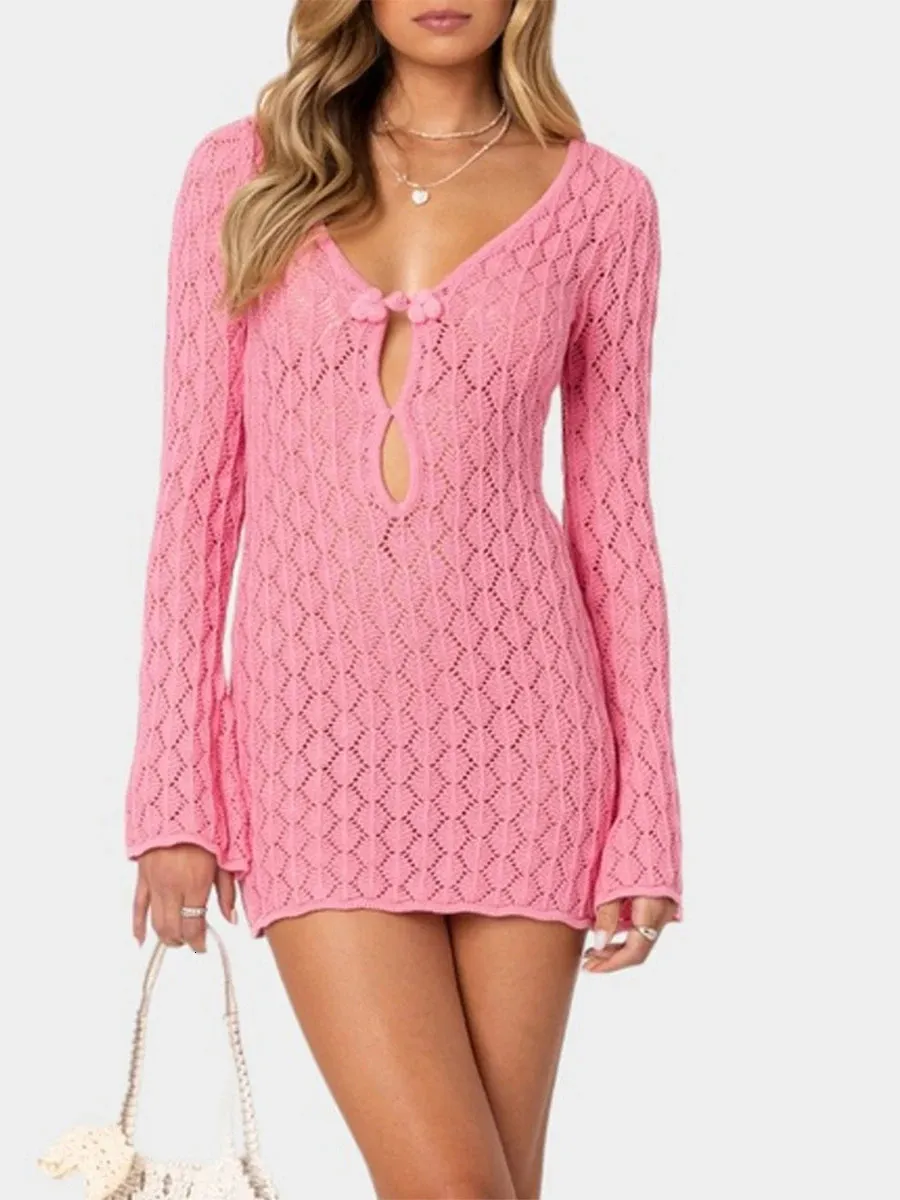 Solid Color Ribbed Knitted Mini Dress for Women - Long Sleeved, V-Neck, Tight 3 8 compression fitting, Ideal for Overnight Outings (Style 241017) Solid Color Ribbed Knitted Mini Dress for Women - Long Sleeved, V-Neck, Tight 3 8 compression fitting, Ideal for Overnight Outings (Style 241017)