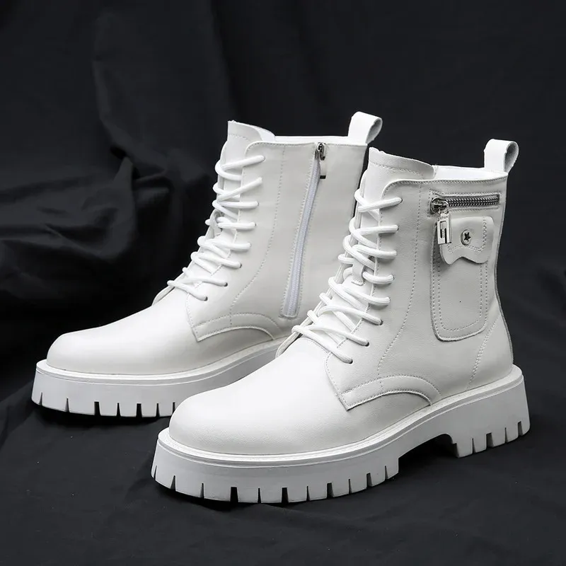 Mens White Leather Platform Boots with Zip & Lace-Up Closure