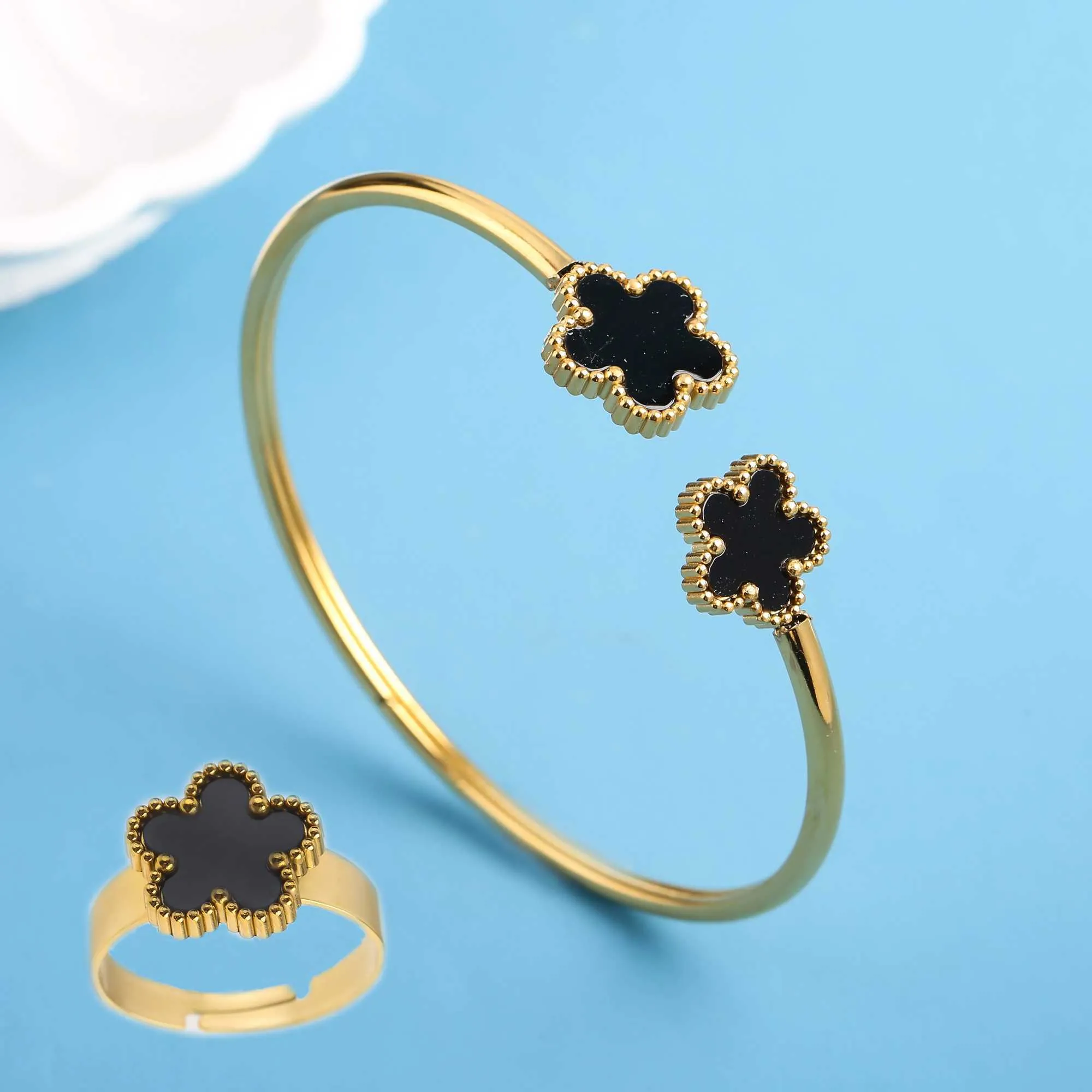 7-Color Stainless Alloy Bangle Bracelet and Ring Set with Onyx