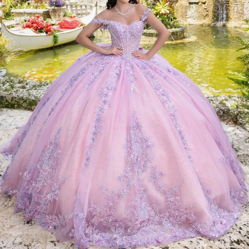 Pink Lace Quinceanera Dresses Sleeveless Sweet 16 Floral Applique Prom Ball Gown C1602