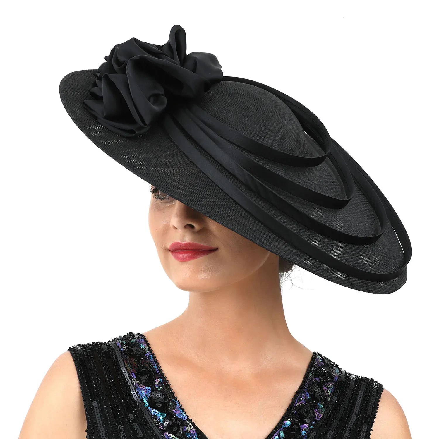 Sinamay Fancy Hat Tea Party Black Big Flower Church Kentucky Derby