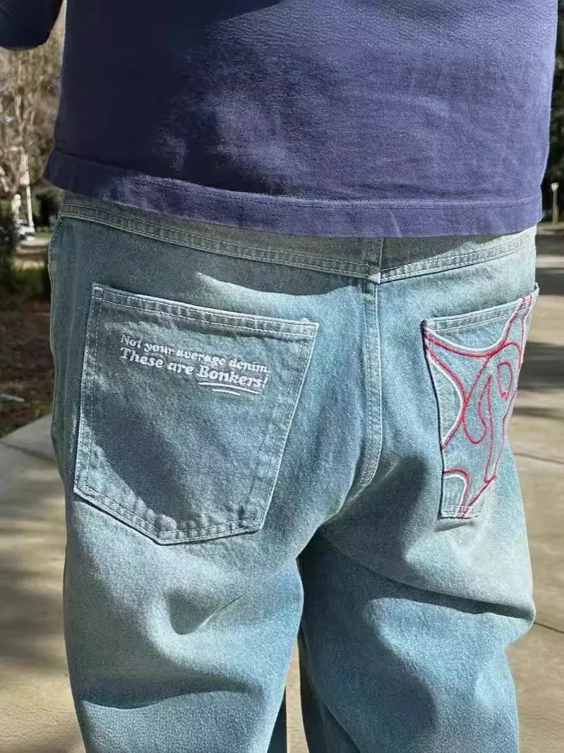 Baggy Y2K Hip Hop Jeans - Vintage Letter Embroidery, High