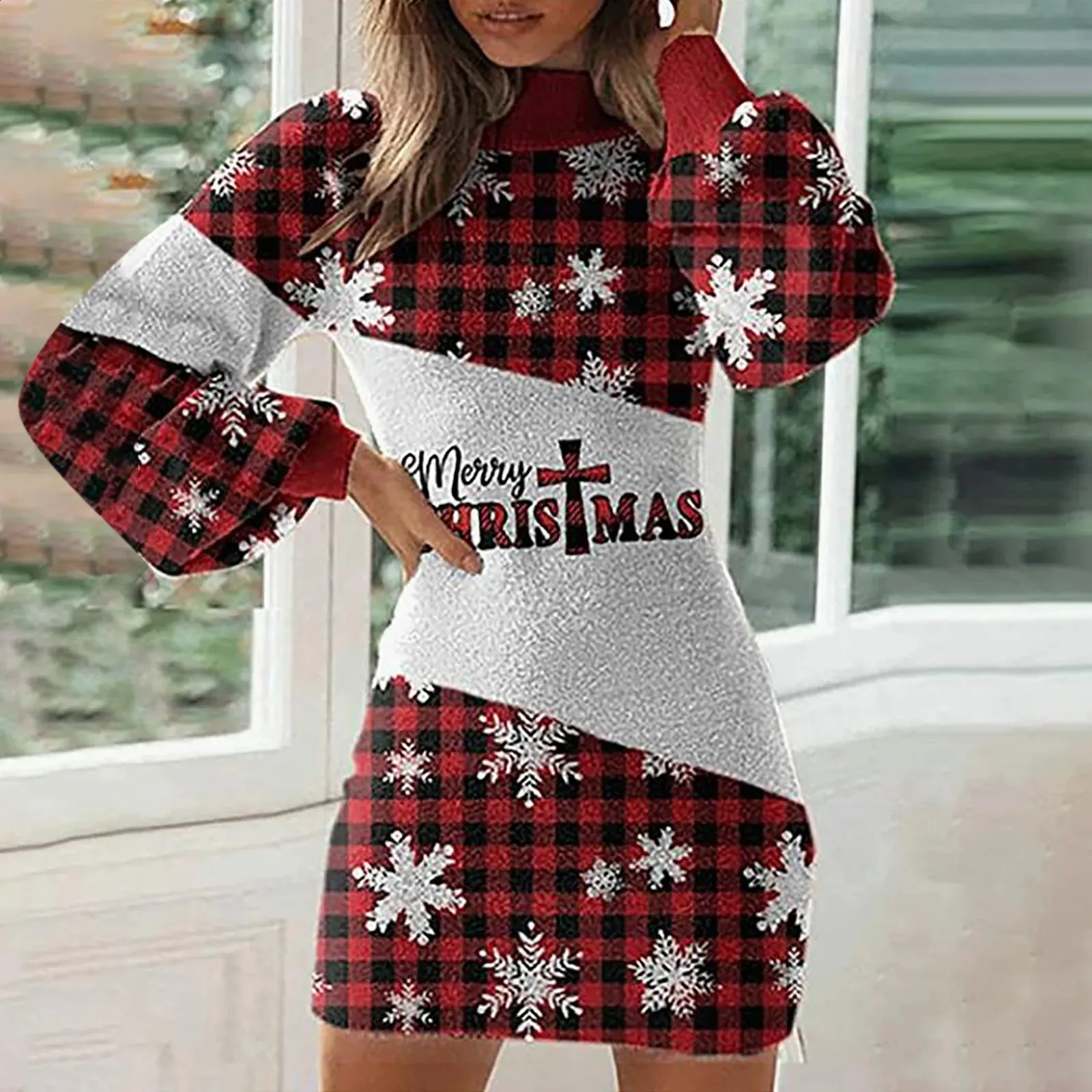 Christmas Printed Women's Knitted Christmas sweater dress womens with High Collar and Lantern Sleeves - Perfect for Club Parties and Bodycon Jumper - Christmas Printed Women's Knitted Christmas sweater dress womens with High Collar and Lantern Sleeves - Perfect for Club Parties and Bodycon Jumper -
