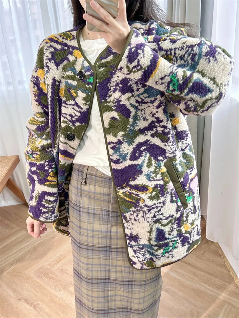 Premium Women's Round Neck Printed Jacket - Wool Blend, Double-Sided ...