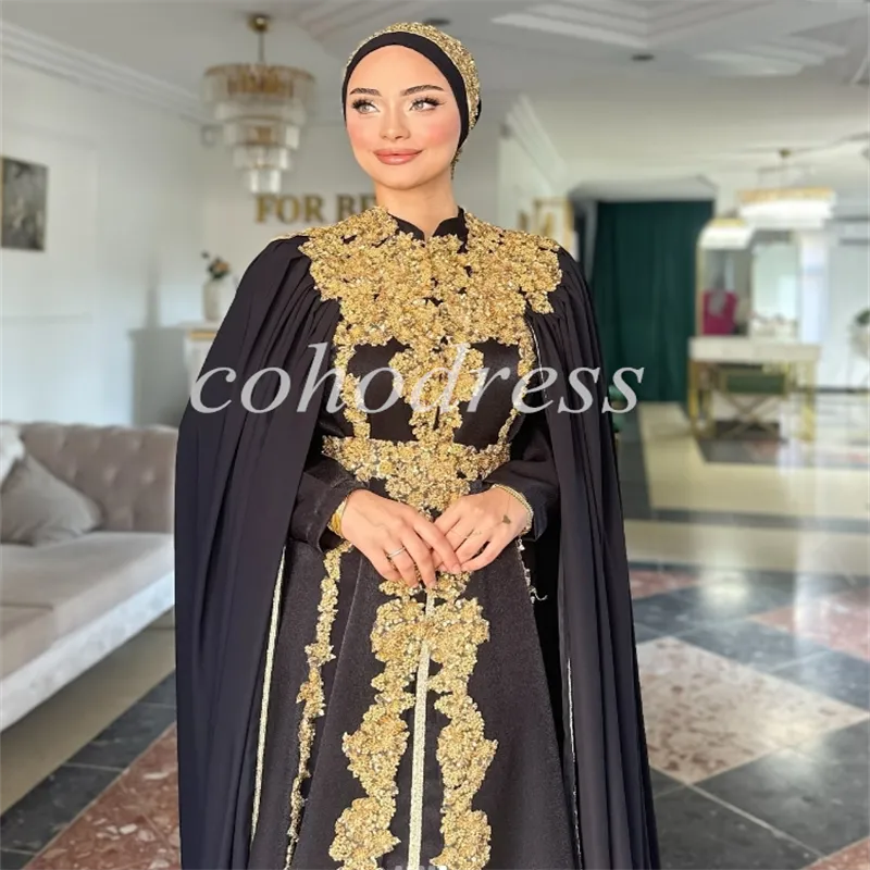 dress black and gold muslimah Ottoman Islamic Black Gold Embellished A Line Hijab Henna Party Gown main image 1