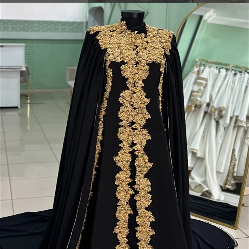 black and gold muslim dress Abaya Calligraphy with Arabic Golden Embroidery Tatreez main image 0