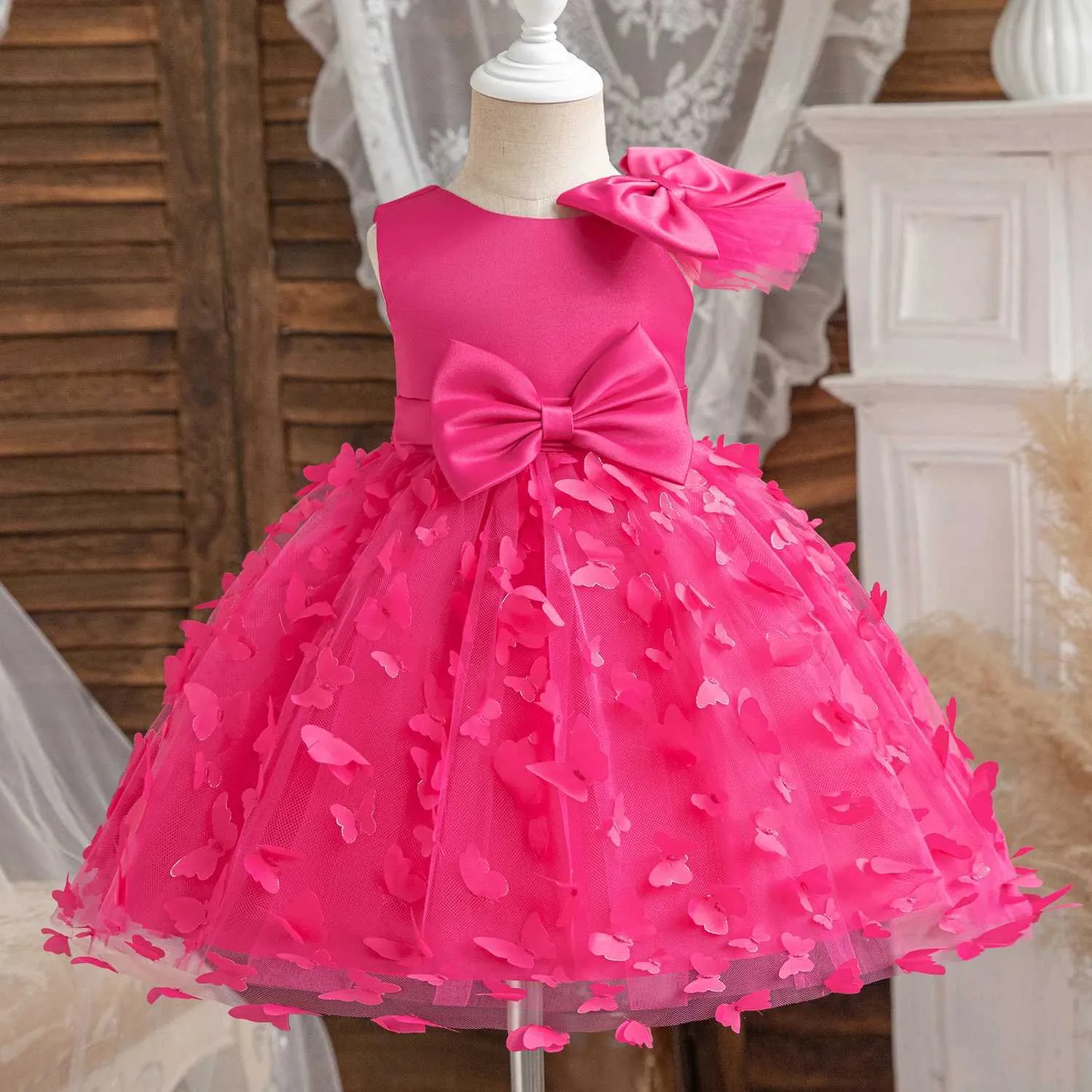 butterfly 1st birthday dress Royal Ruby Flutter 3D Fairy Princess Ball Gown 1-2Y