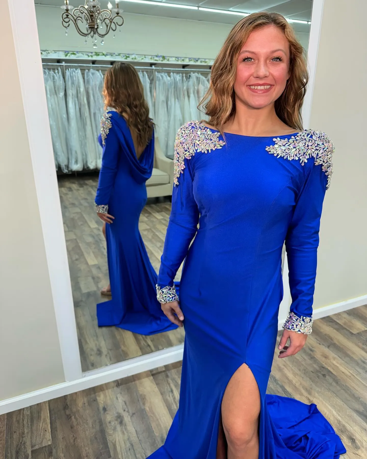 2K23 AB S Hot Blue Rmaid Prom SS with Long Sleeves, Stretch Lycra, Side Leg Slit, and Sweep Train - Perfect for T Gala, Pageant, Evening Wedding, or