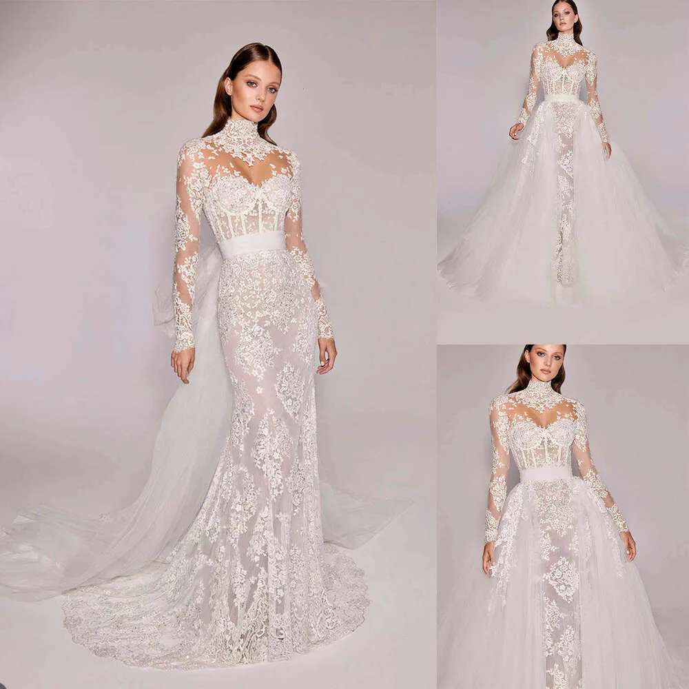 Vestido De Novia De La Sirena De Manga Larga Con Tren Desmontable