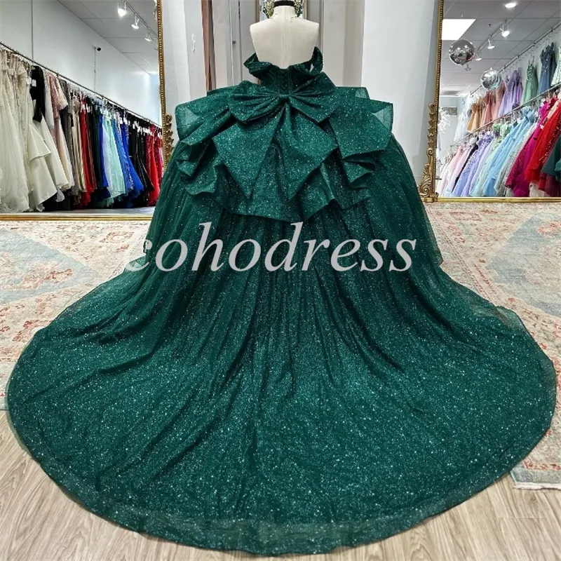 Quinceanera Dresses: Emerald Green Sparkly Ball Gown with Beaded Bodice and  Court Train for Sweet Sixteen Celebration