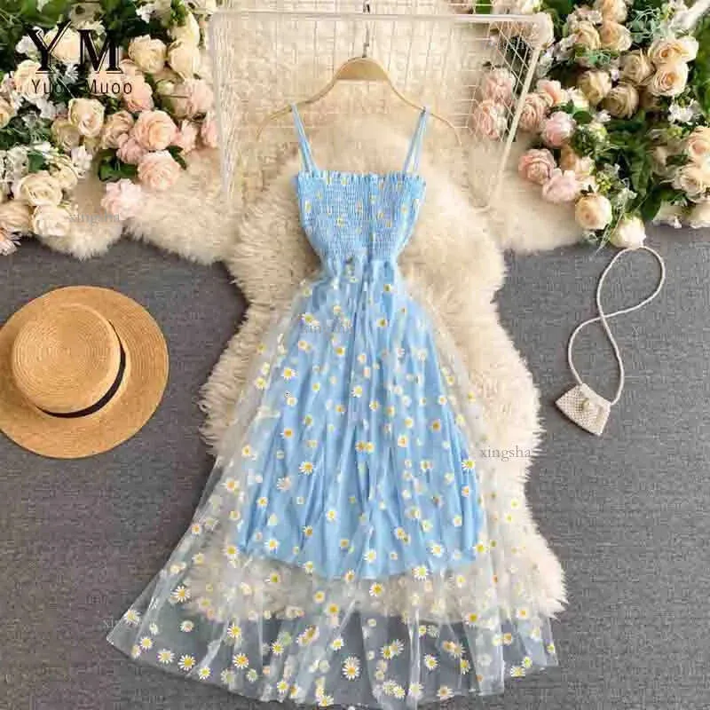 Mesh Floral Dress: Spaghetti Strap Summer Dress, Pink Midi