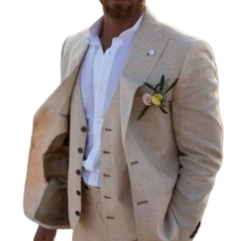 Costume 3 Pièces Homme En Lin Été - Veste Gilet Pantalon Coupe Ajustée Léger Pour Mariage Et Événements