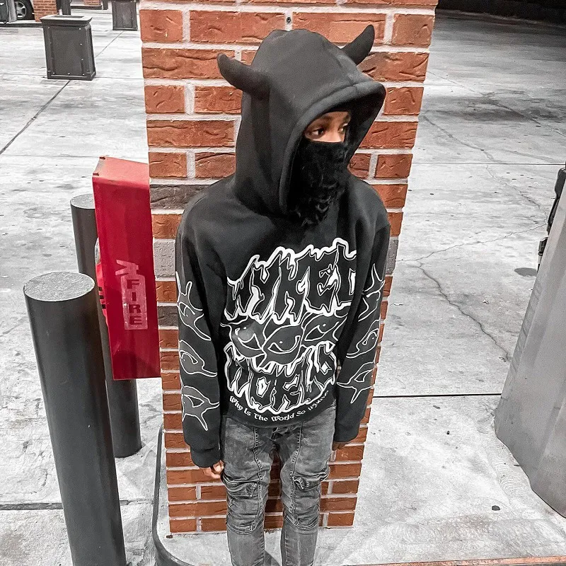 Street Style Hoodie Without Strings For Men And Women Dark Goth Trend With Fashionable Print Horn Hat Hip Hop Style And Casual Style From Hongpingguog Vendor 18.43 DHgate.Com