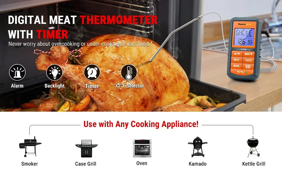 Digital Meat Thermometer with Timer & Alarm - Ideal for Smoker, BBQ ...