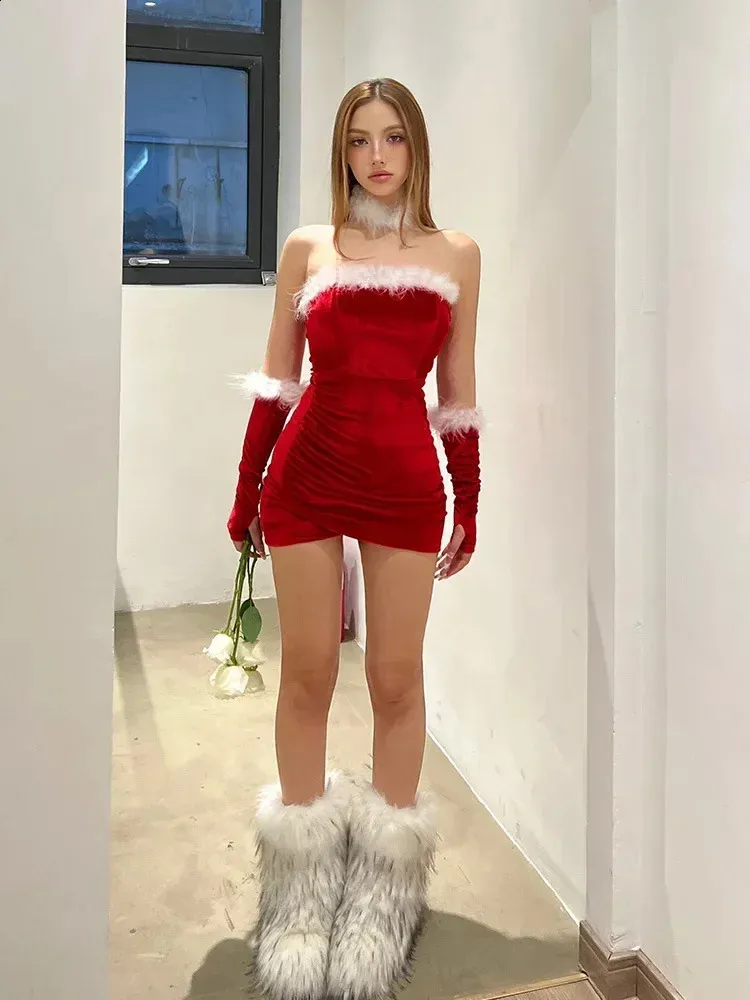 Christmas Sexy Velvet Feather Mini Party Dress with Gloves Womens Strapless  Wrap Ruched Bodycon Clubwear Christmas Set Vestidos 241021