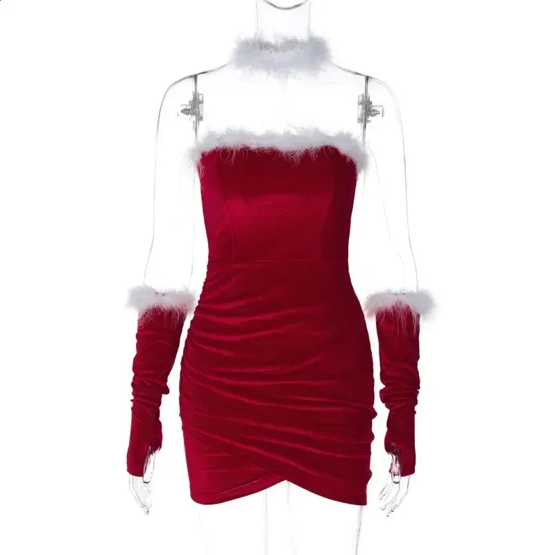Velvet Feather Mini Party Dress with Gloves - Strapless Bodycon Clubwear Set for Women - Christmas Vestidos 241021