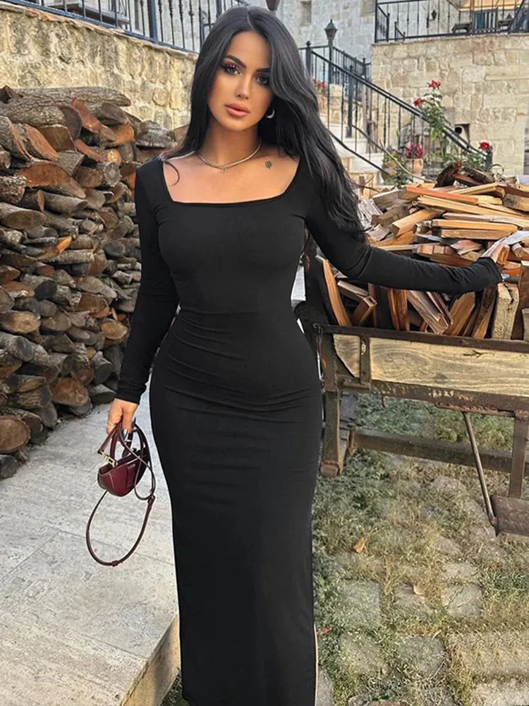 ladies black long dress La Femme Open-Back Simple Prom Dress main image 1