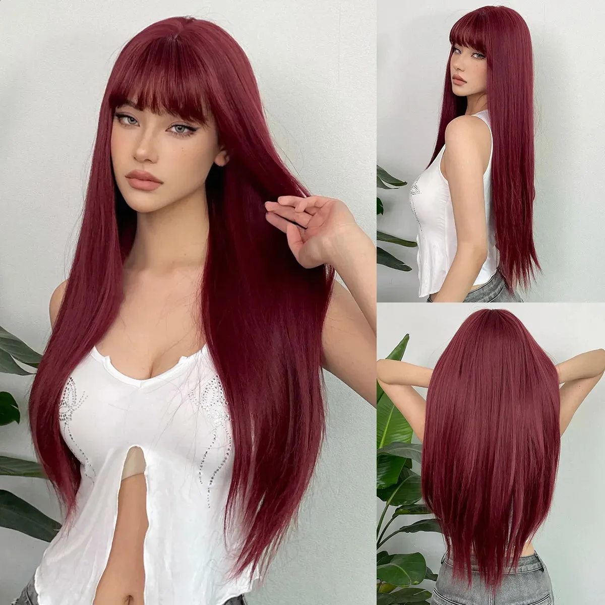 Perruque Longue Femme Rouge 75 Cm - Synthétique Soyeux - Circonférence 58 Cm - Pour Cosplay, Fête, Halloween