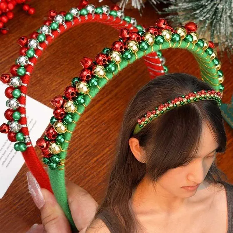 Red & Green Flannel Christmas Headband with Jingling Beads  display picture 2