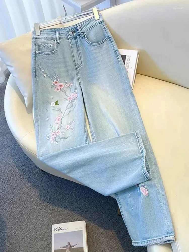High Waist Floral Embroidery Jeans - Womens Vintage Casual