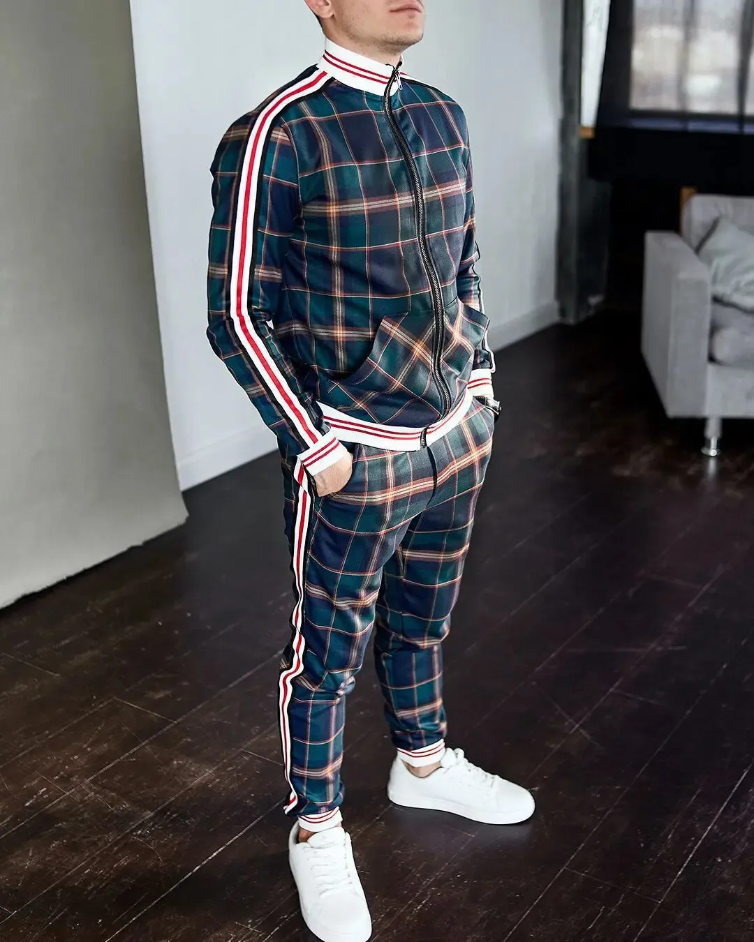 Colorful Checkered Men's tracksuit s with Zipper Hoodie
