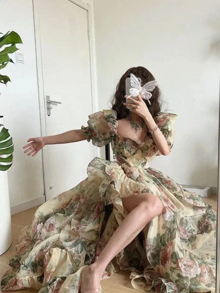 Elegant Floral Evening Dress for Women - Long Length, Open Fork, Butterfly Veil