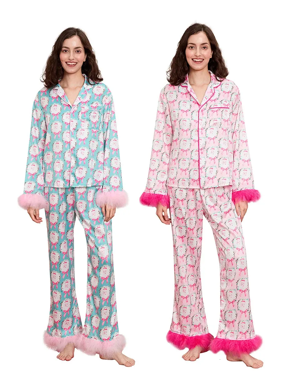 Pyjama De Noël Pour Femme En Satin - Ensemble Deux Pièces (haut Manches Courtes + Pantalon Long), Motifs De Fête | Confortable, Pour Soirées, Cadeau, Ambiance Festive - 11