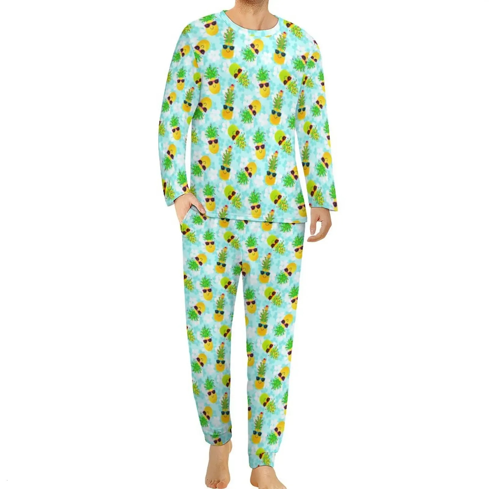 Tropical Print Pajamas: Mens Funny Pineapple Sleepwear Set Long Sleeve,  Best Seller!