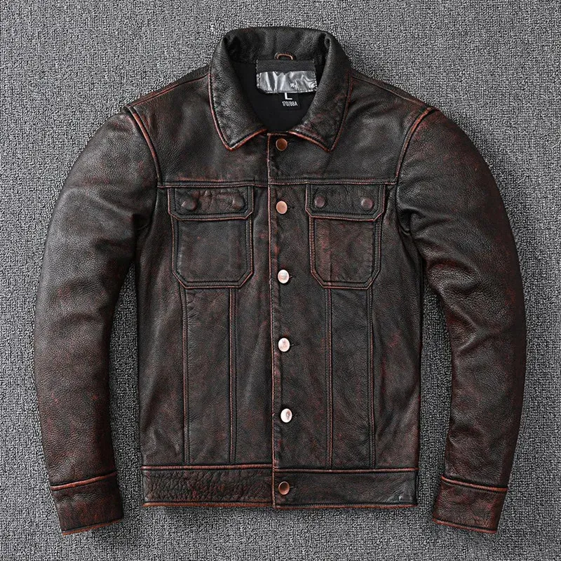 Mens Leather Fur Jacket, High End Denim Layered Cowhide Leather