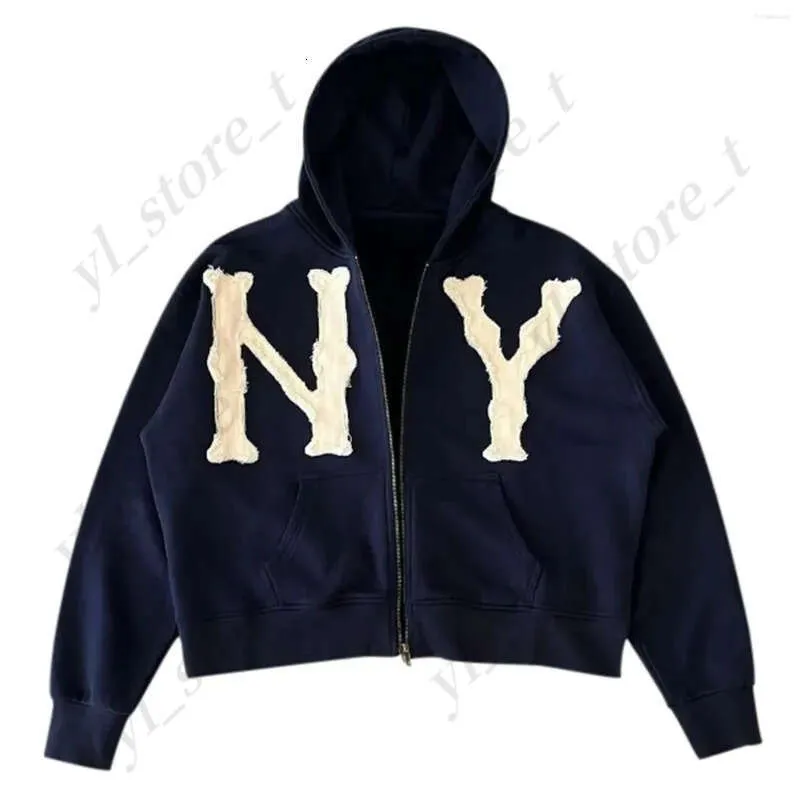 NY Letter Printed Embroidered Designer Black Zip Hoodie Mens