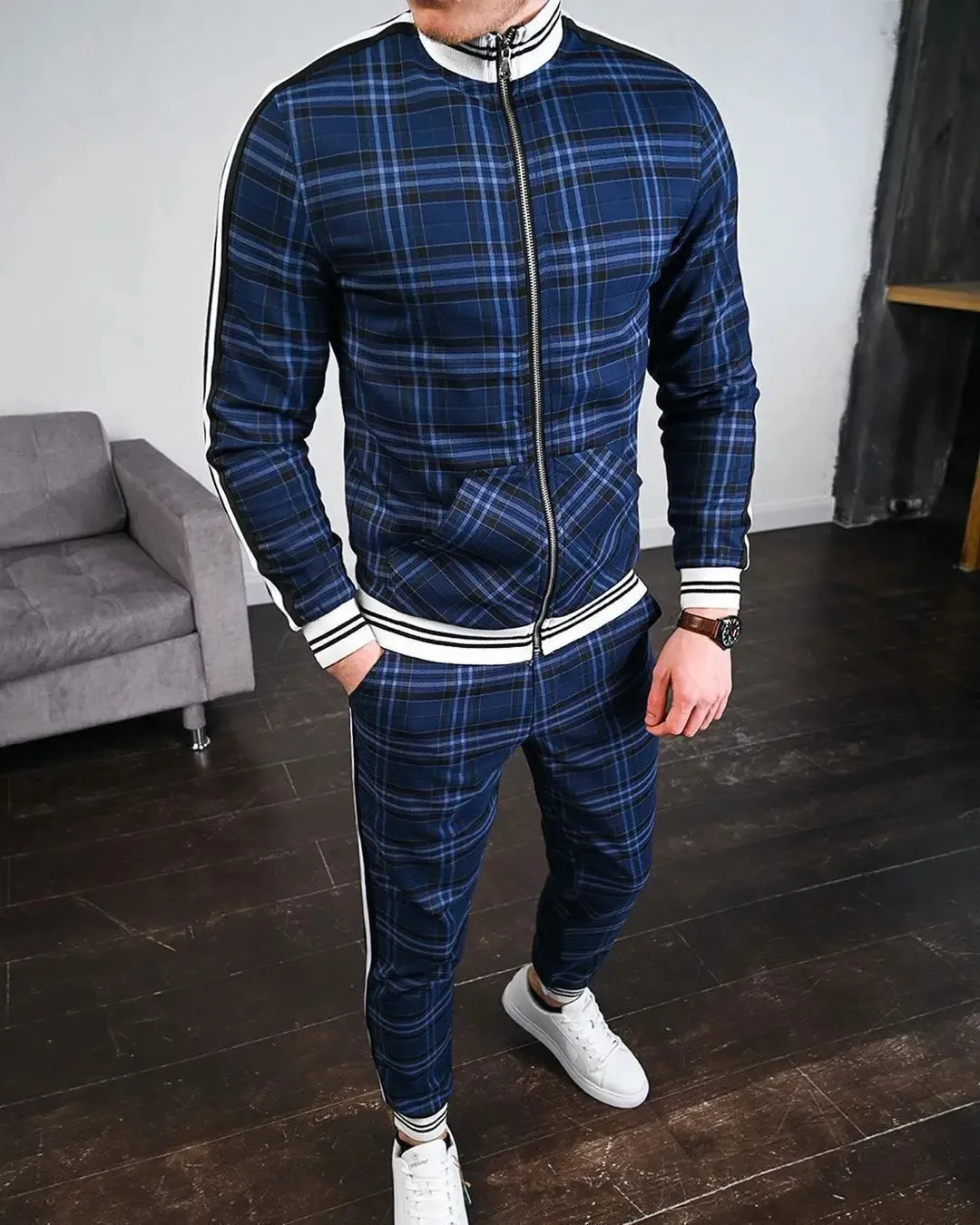 Colorful Checkered Men's tracksuit s with Zipper Hoodie