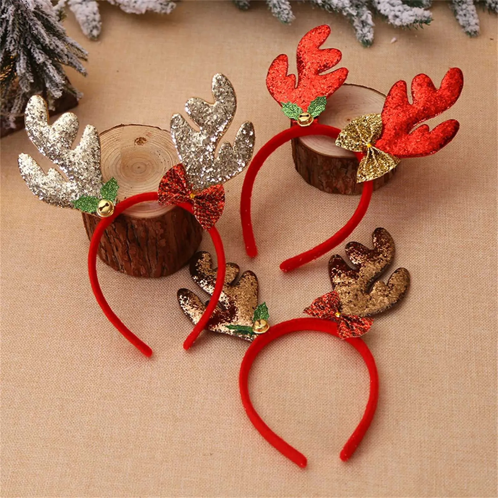 2 Diademas De Navidad De Reno Con Lentejuelas Y Campanas – Roja Y Dorada, Talla única Para Niños Y Adultos, Accesorio Festivo Para Fiestas