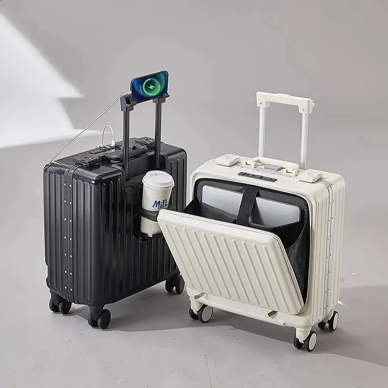 Front-Access Carry-On Suitcase: USB Charging, Cup Holder, Aluminum