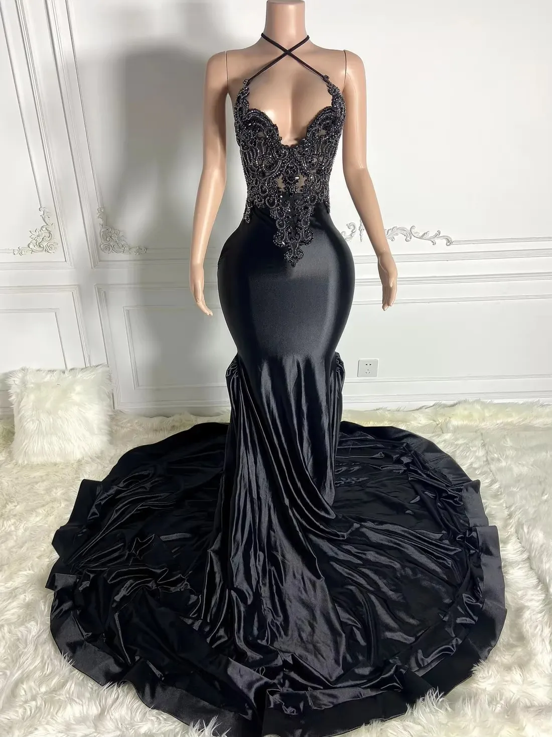 Halter Neck Mermaid Evening Dress for Black Girls - South African Prom Gown  with Crystals - See-Through Sexy Nigeria Formal Wear
