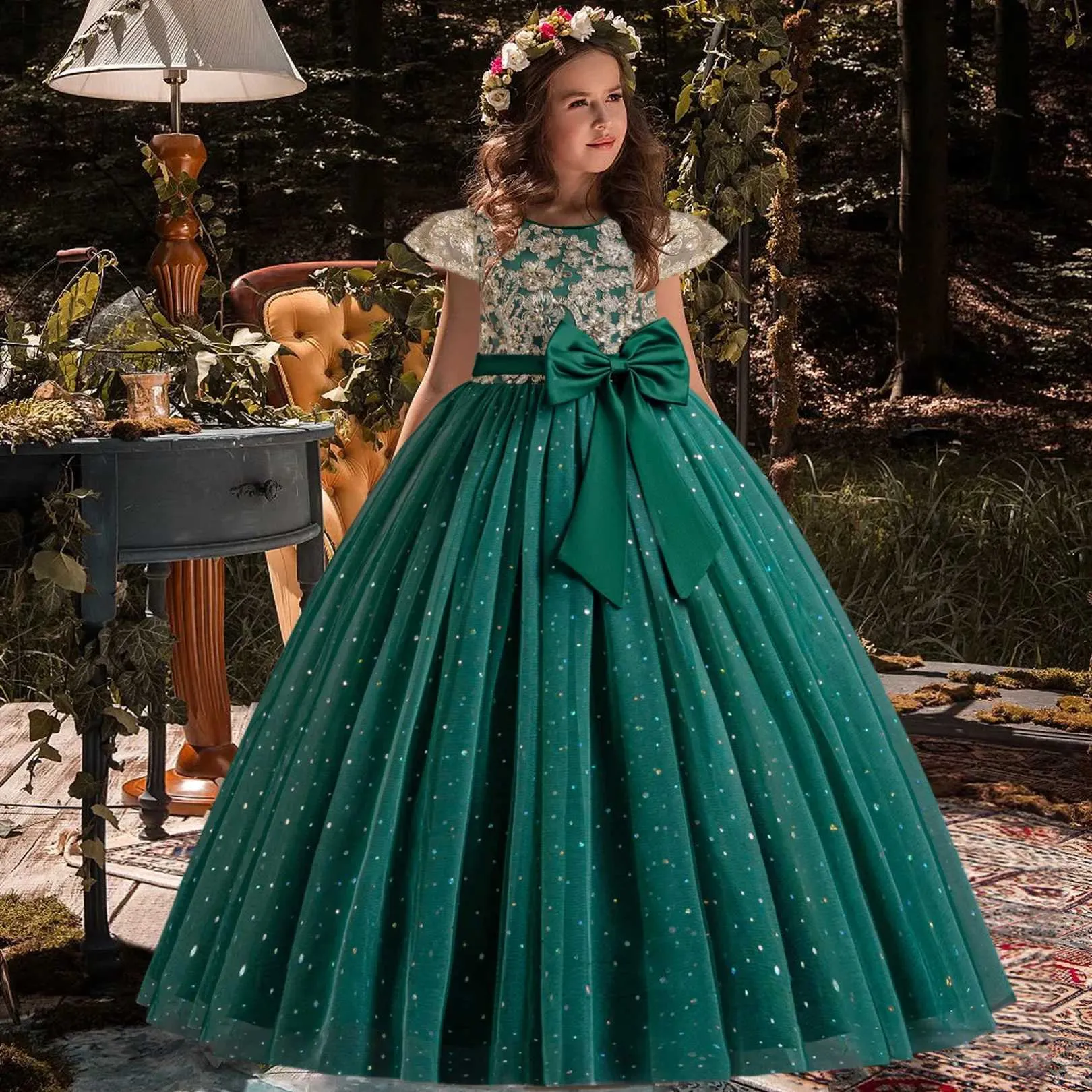 Girls' Long Princess Dress with Bow Wedding, Birthday, Party, Christmas  4-10 Years