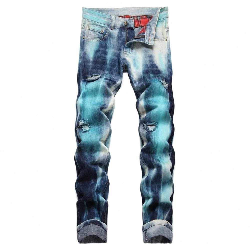 Men's Colored Denim Jeans Distressed Ripped Slim Straight Streetwear  Trousers