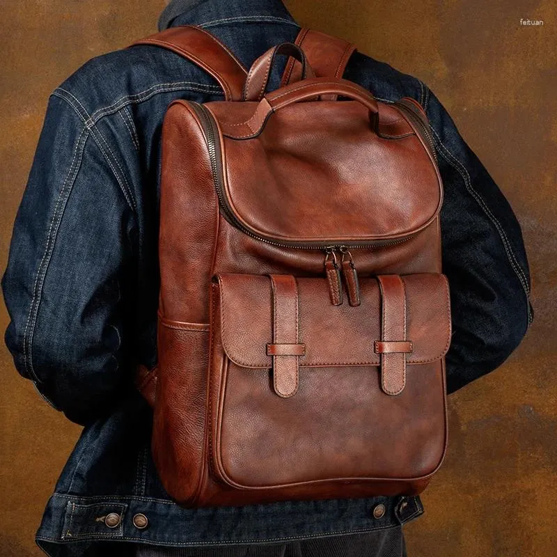 Mochila De Piel Genuino De Grano Completo Para Hombres Y
