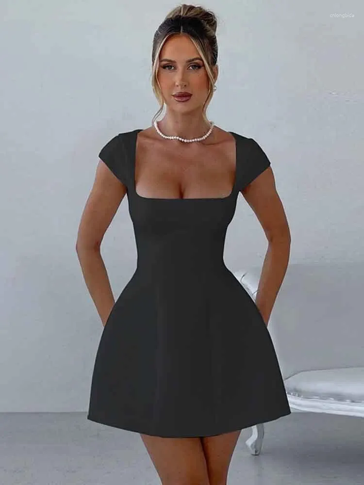 Women's Cap Sleeve Square Neck Ruched Waist Mini Party Dress Lace Up Back  Sleeveless Ruffle Hem Mini Dress - Micas Square Neck Dresses Online