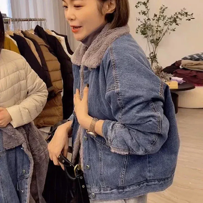 Save Big on Bulk Women's Denim Jacket With Fur Fur Lined Denim Jacket:  Women's Winter Denim Coat With Wool Inside, Warm Plush Patchwork Outerwear, 